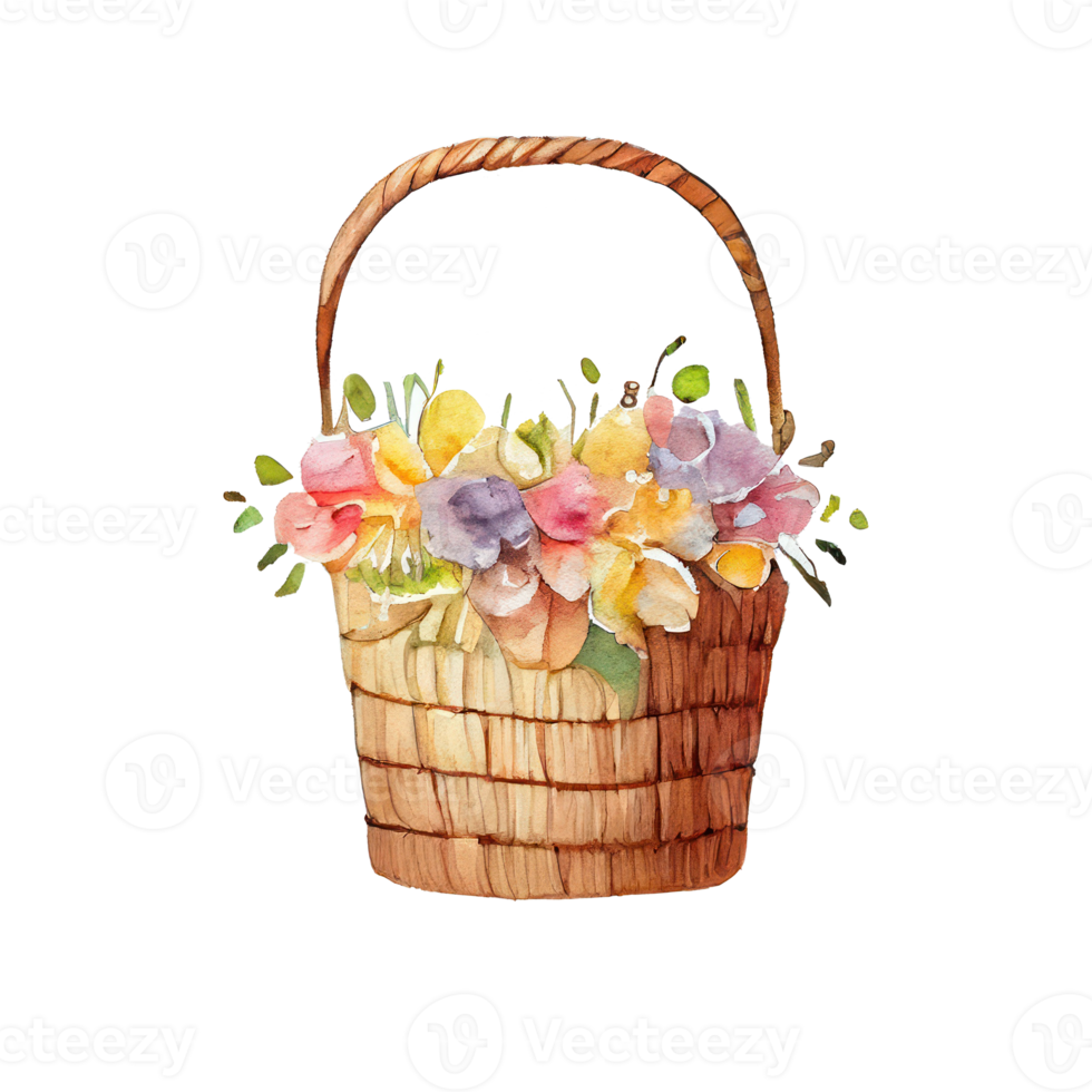 Wicker basket with colorful pastel Easter eggs, spring flowers png