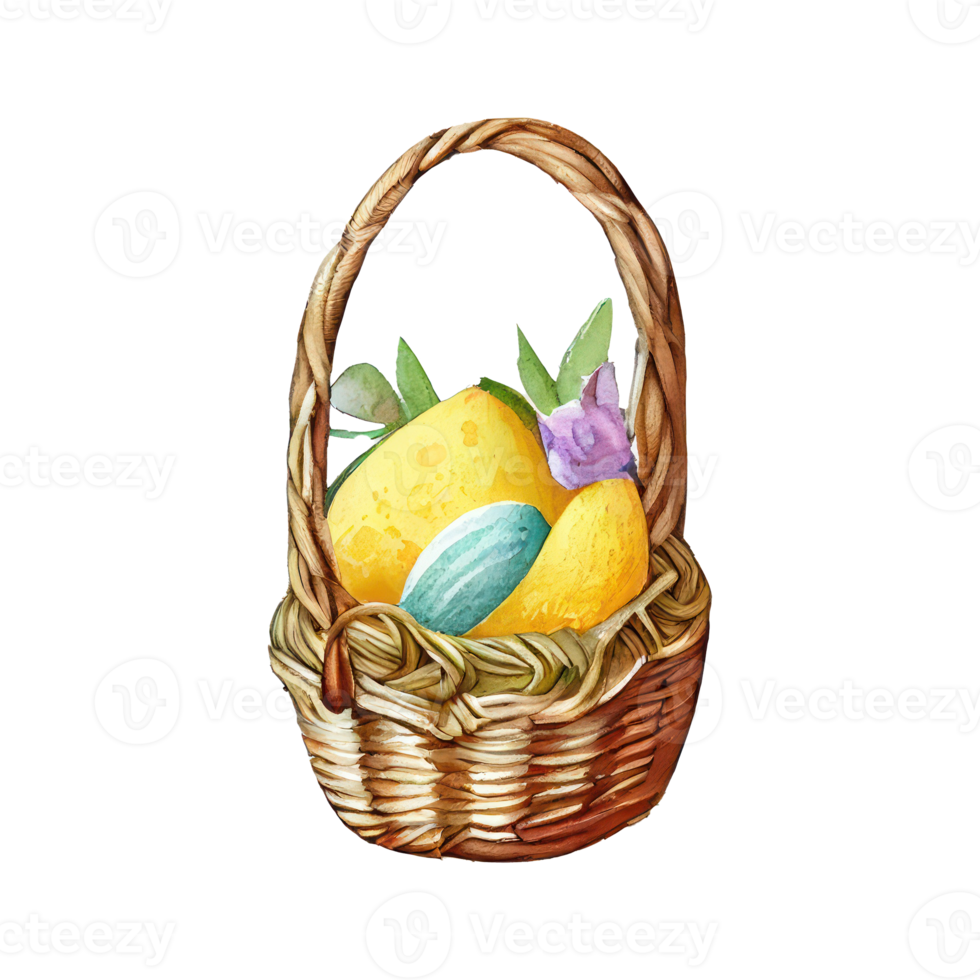 Wicker basket with colorful pastel Easter eggs, spring flowers png
