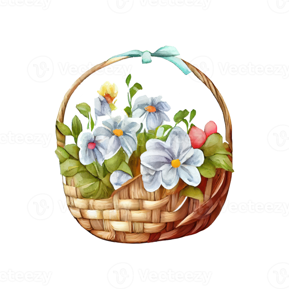 Wicker basket with colorful pastel Easter eggs, spring flowers png