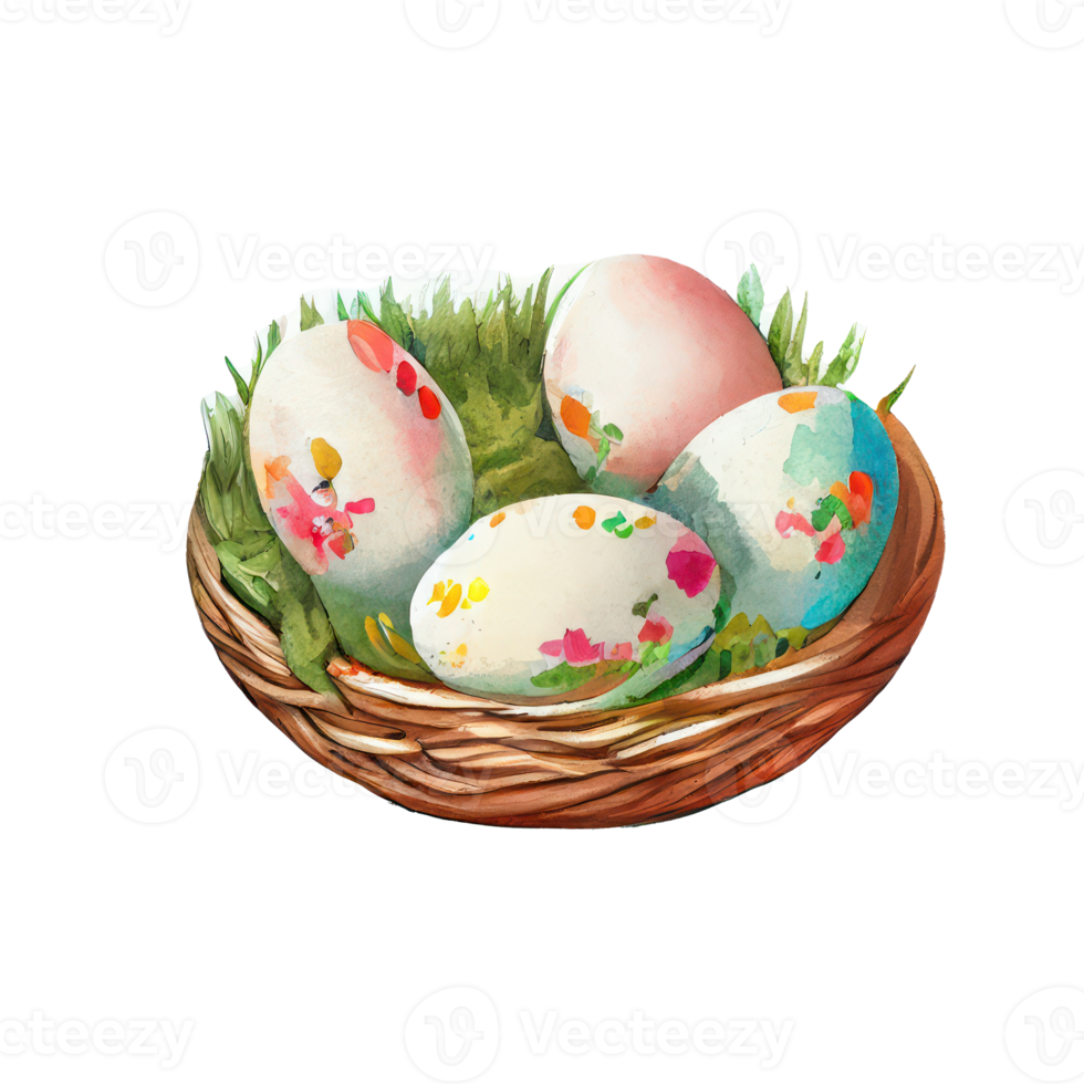 vime cesta com colorida pastel Páscoa ovos, Primavera flores png