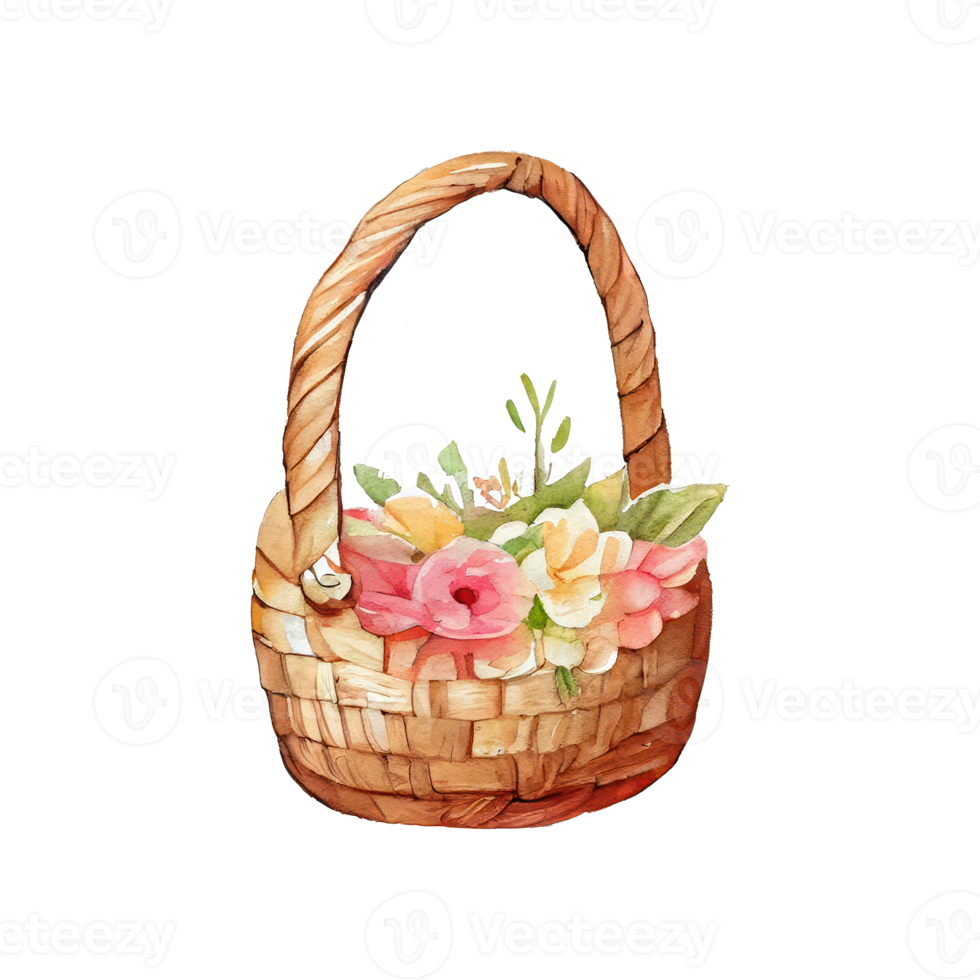 Wicker basket with colorful pastel Easter eggs, spring flowers png