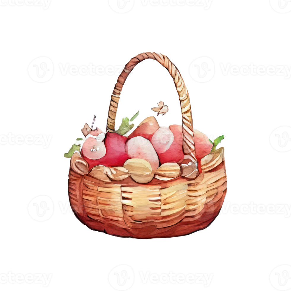 Wicker basket with colorful pastel Easter eggs, spring flowers png