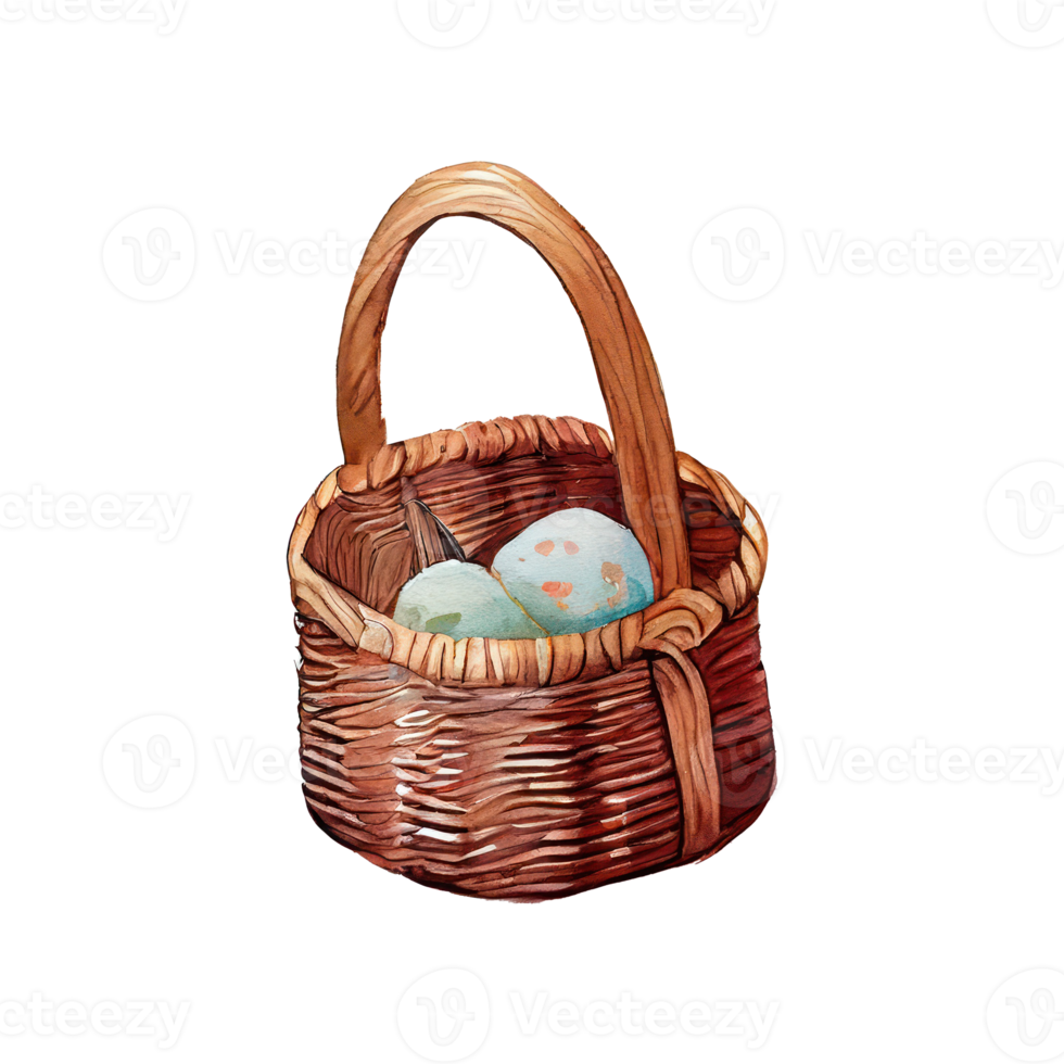 Wicker basket with colorful pastel Easter eggs, spring flowers png