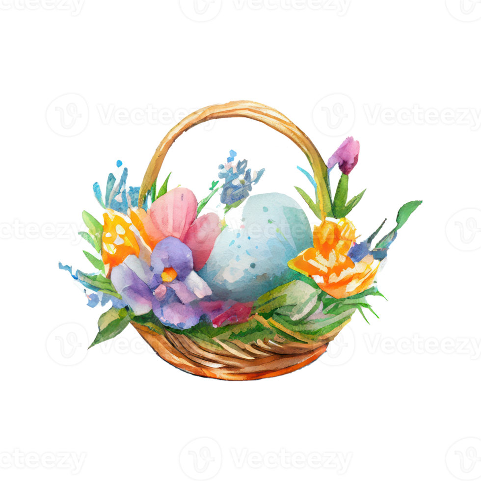 Wicker basket with colorful pastel Easter eggs, spring flowers png