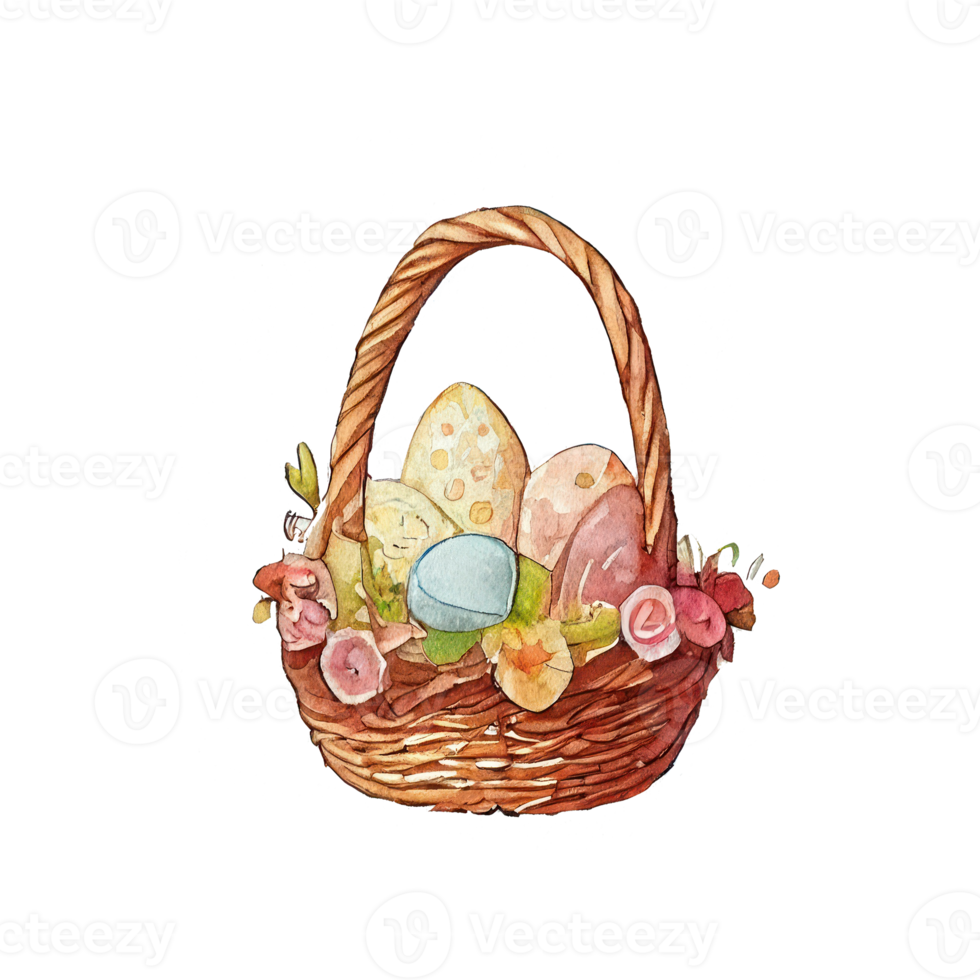 Wicker basket with colorful pastel Easter eggs, spring flowers png