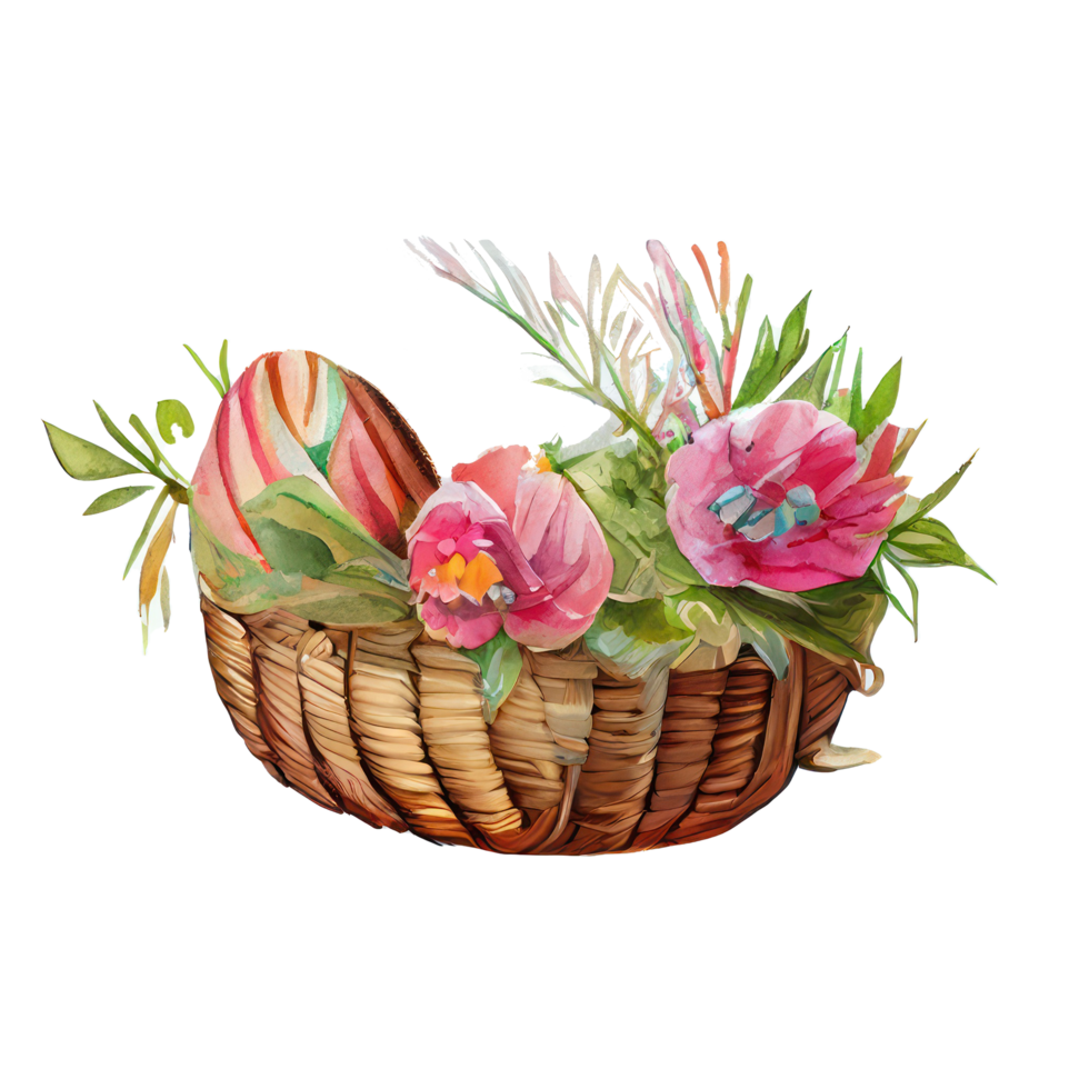 Wicker basket with colorful pastel Easter eggs, spring flowers png