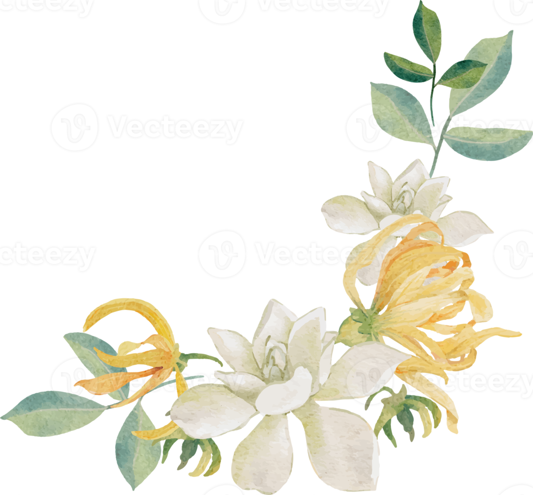 watercolor white gardenia and Thai style flower bouquet wreath frame png