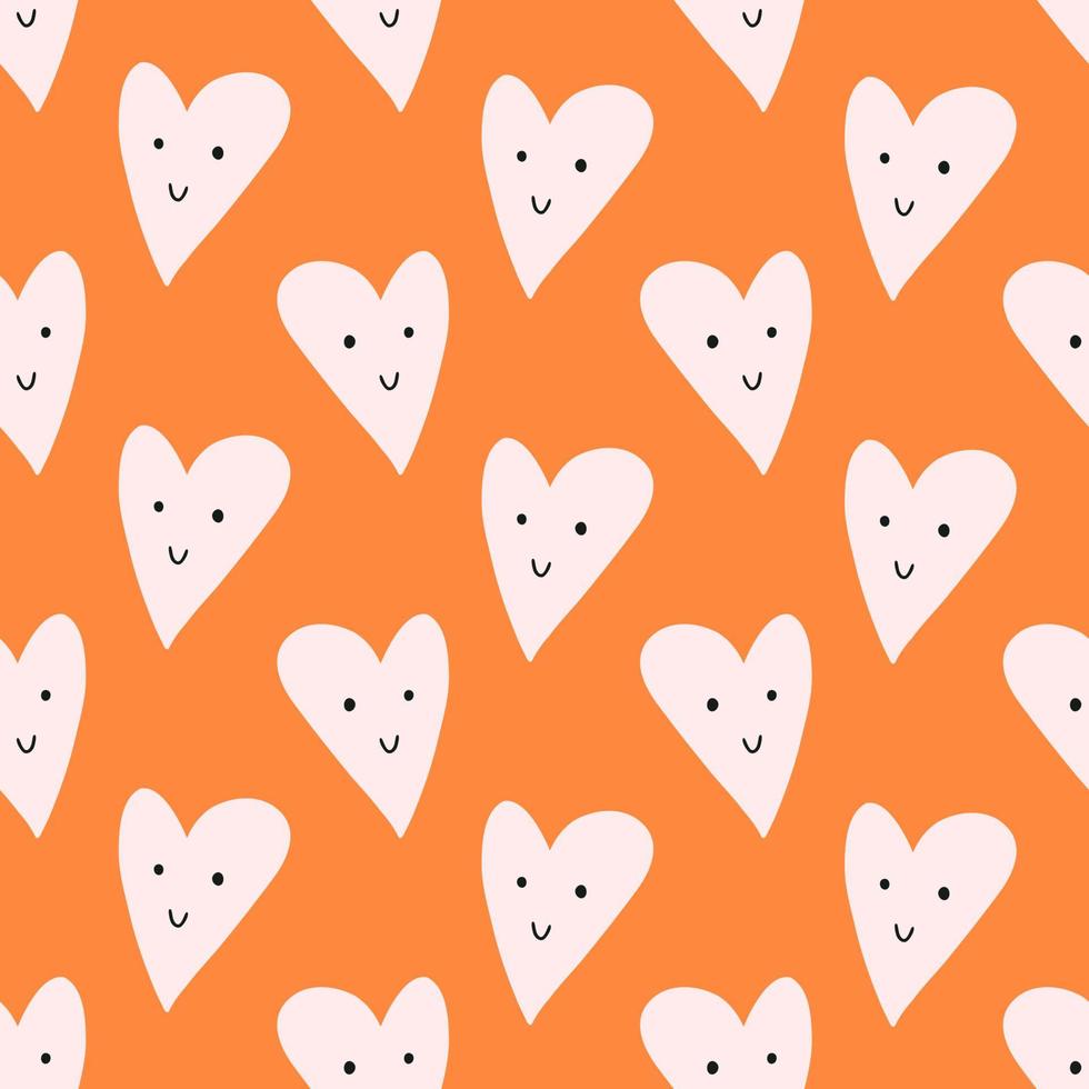 Valentine's day seamless pattern with cute heart, flat vector illustration on yellow background. Hand drawn heart with cheerful smiling face. Funny background.