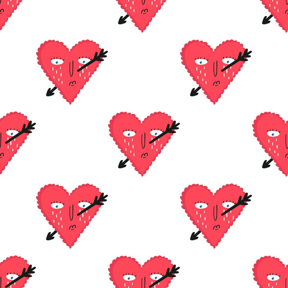 Quirky seamless pattern - heart with crying face and Cupid's arrow, flat vector illustration on white background. Valentine's day background. Funky hand drawn heart.