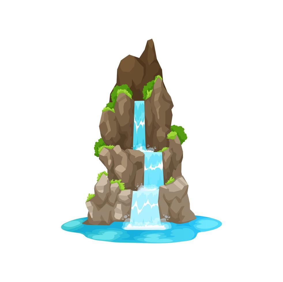 Waterfall cascade, cartoon water fall on mountain vector
