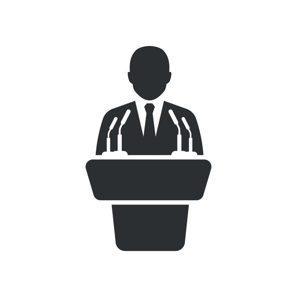 Speaker icon in flat style. Conference podium vector illustration on isolated background. Public speech sign business concept.