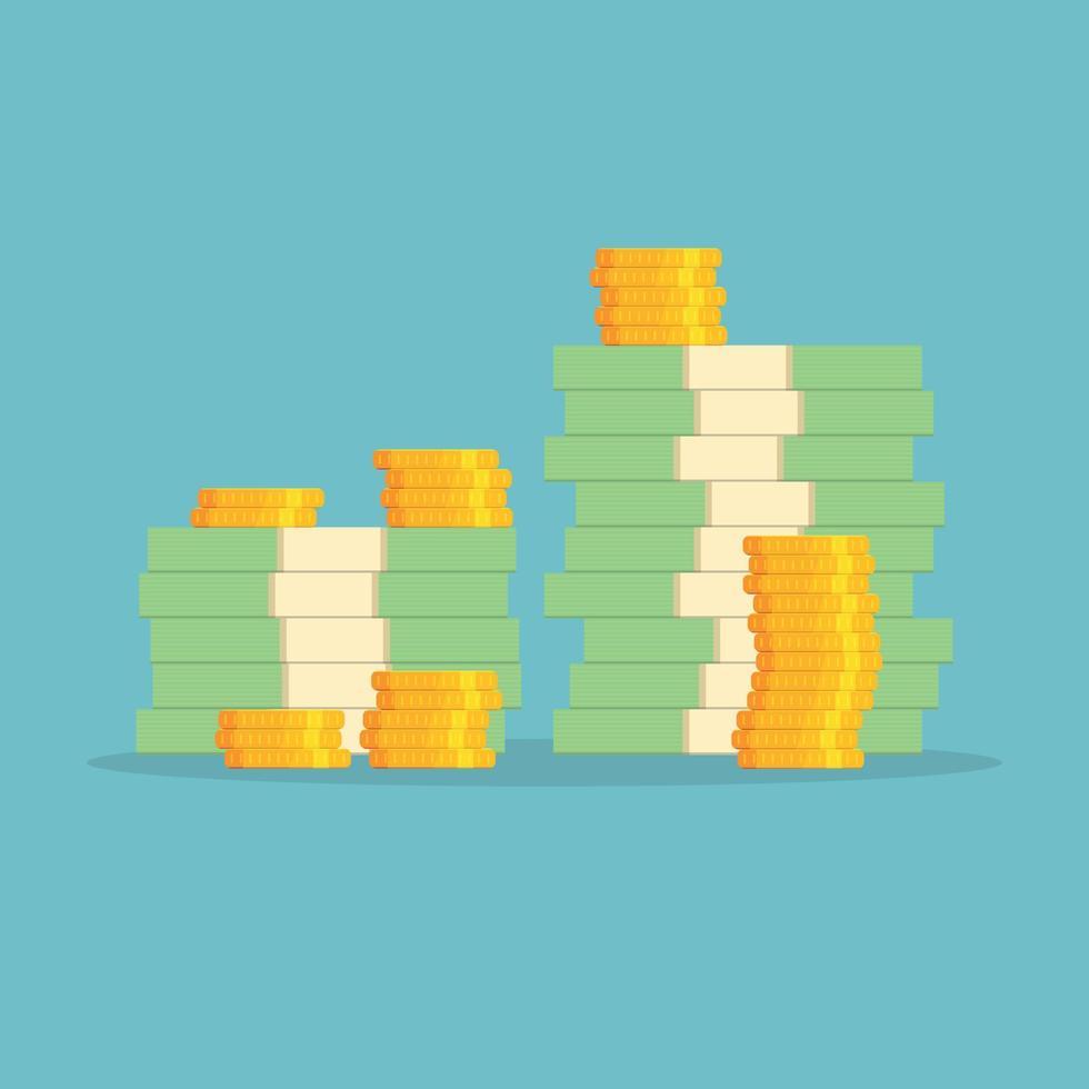 Money icon in flat style. Stack of currency banknotes vector illustration on isolated background. Dollars and gold coins sign business concept.