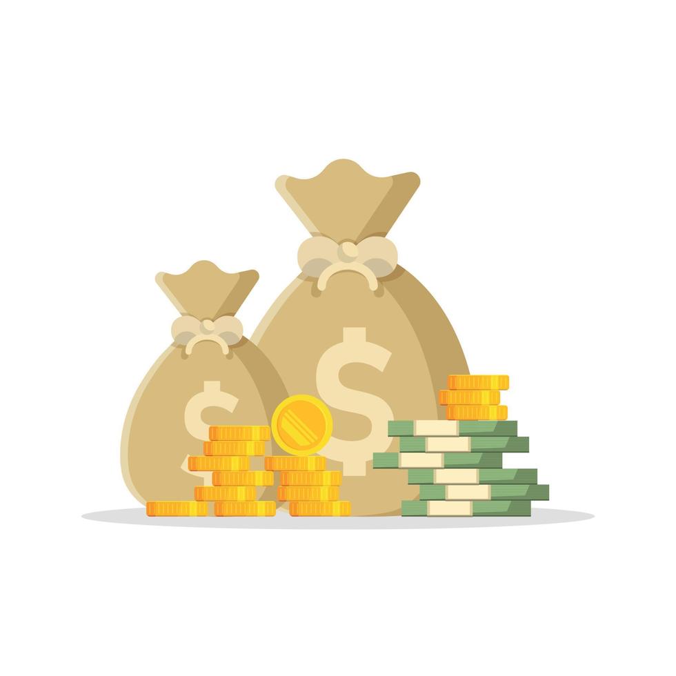 Money bag icon in flat style. Stack of currency banknotes vector illustration on isolated background. Dollars and gold coins sign business concept.