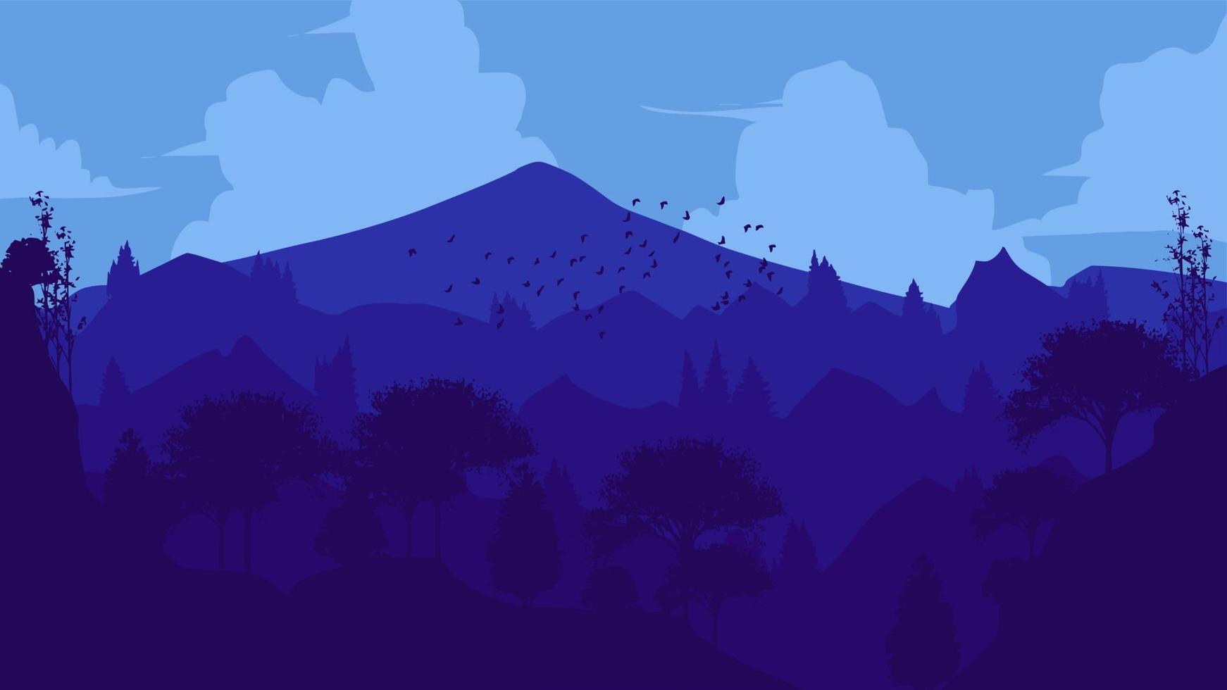 A mountain landscape with a blue sky and birds flying around it. vector illustration