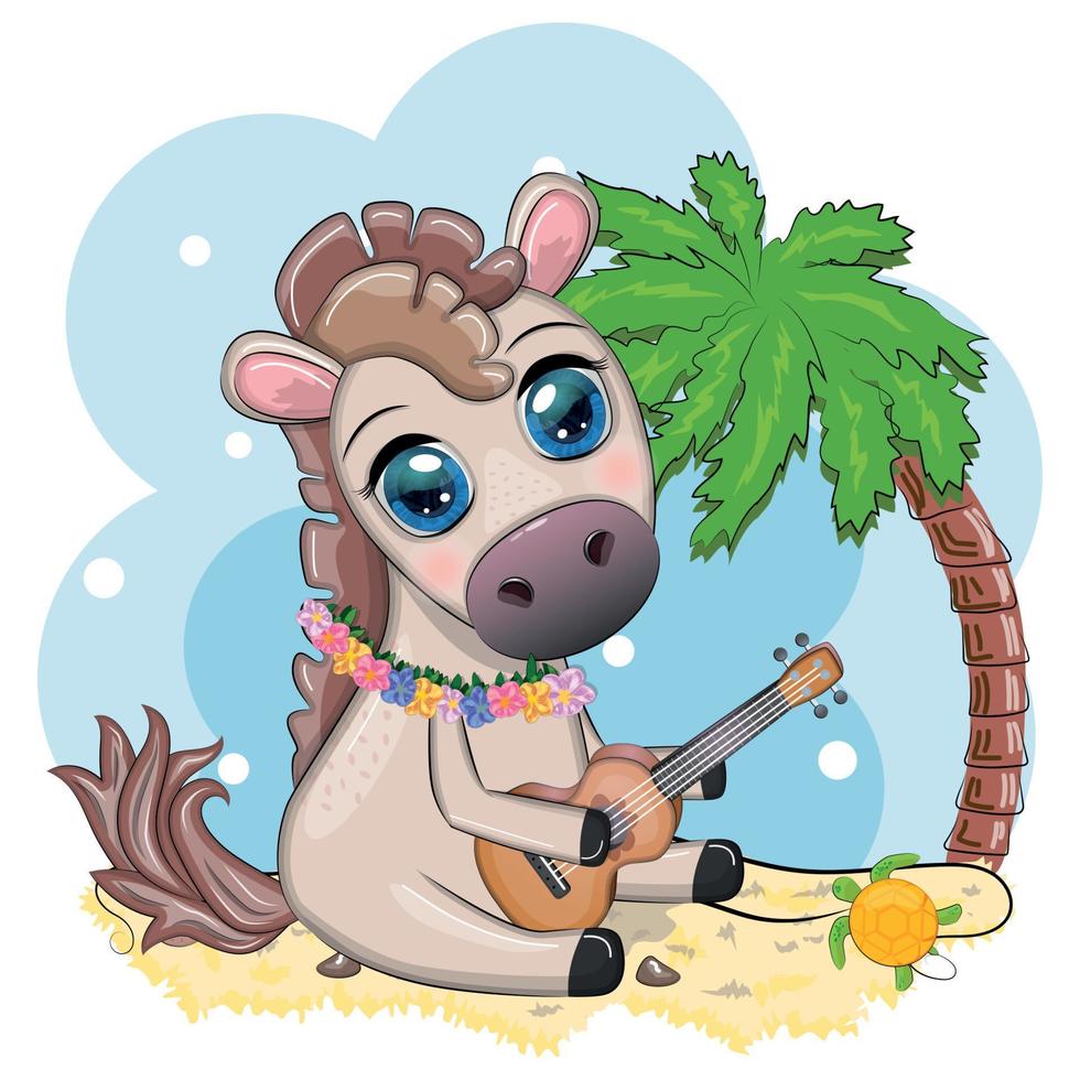 Nice horse, pony in flower wreath, hat, guitar, hula dancer from Hawaii. Summer card for the festival, travel banner vector