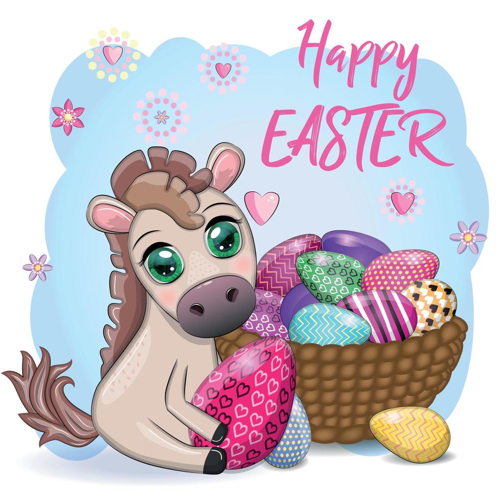 linda caballo con un Pascua de Resurrección huevo. Pascua de Resurrección personaje y tarjeta postal vector