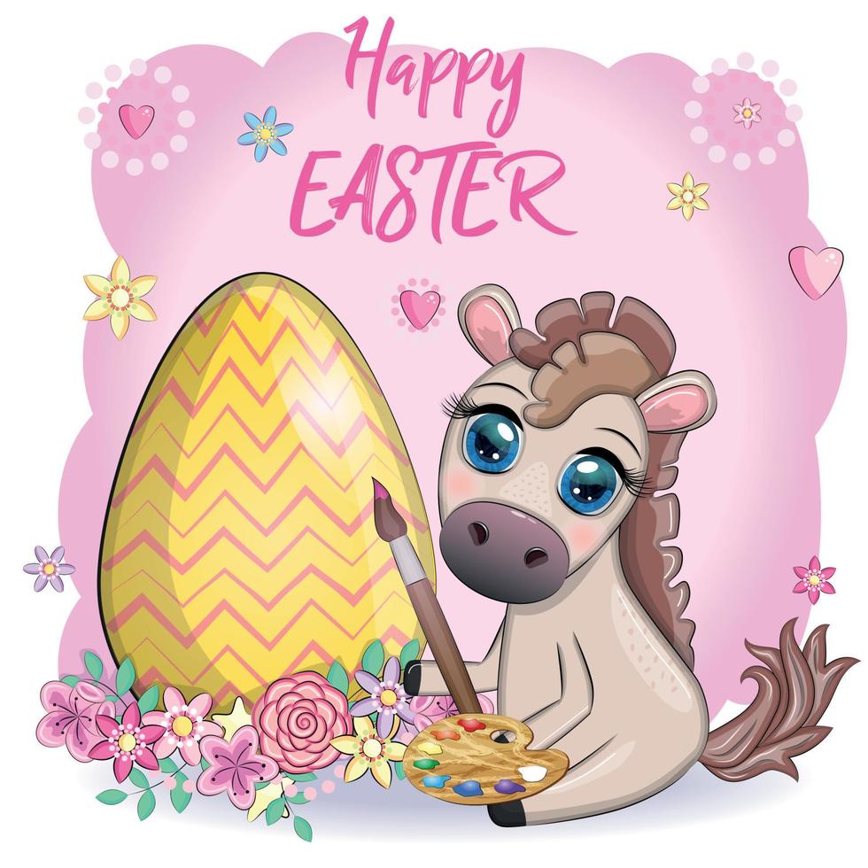 linda caballo con un Pascua de Resurrección huevo. Pascua de Resurrección personaje y tarjeta postal vector