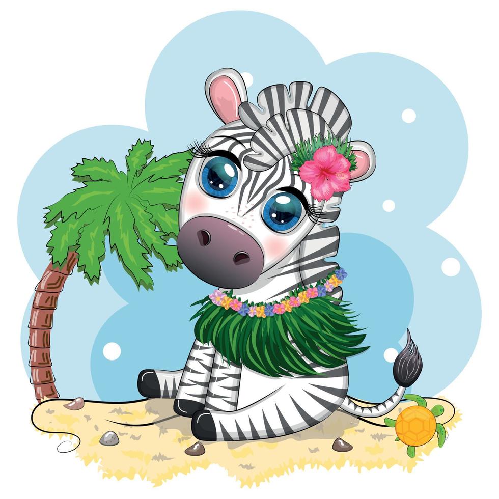 Cute zebra in hula dancer costume, Hawaii, child character. Animal in summer. Summer holidays, vacation vector