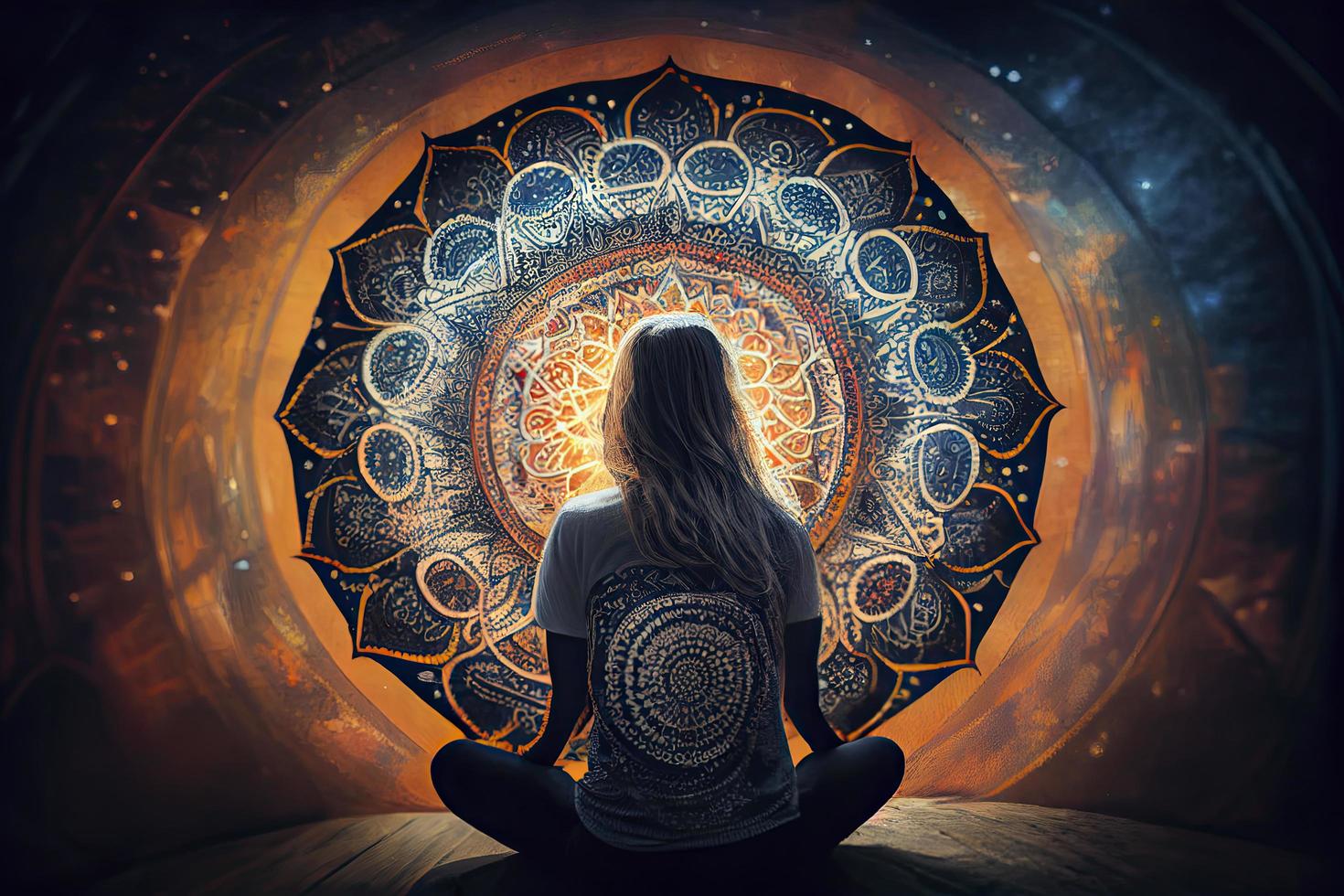 Girl meditating on the background of the mandala photo