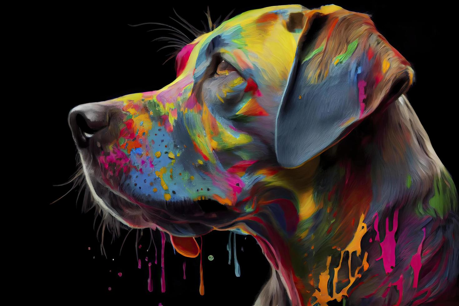 perro cubierto en vistoso pintar podría sugerir un juguetón y creativo espíritu foto