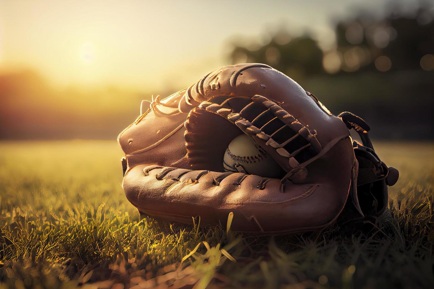 Baseball in glove in the lawn at sunset in the evening day with sun ray and lens flare light photo