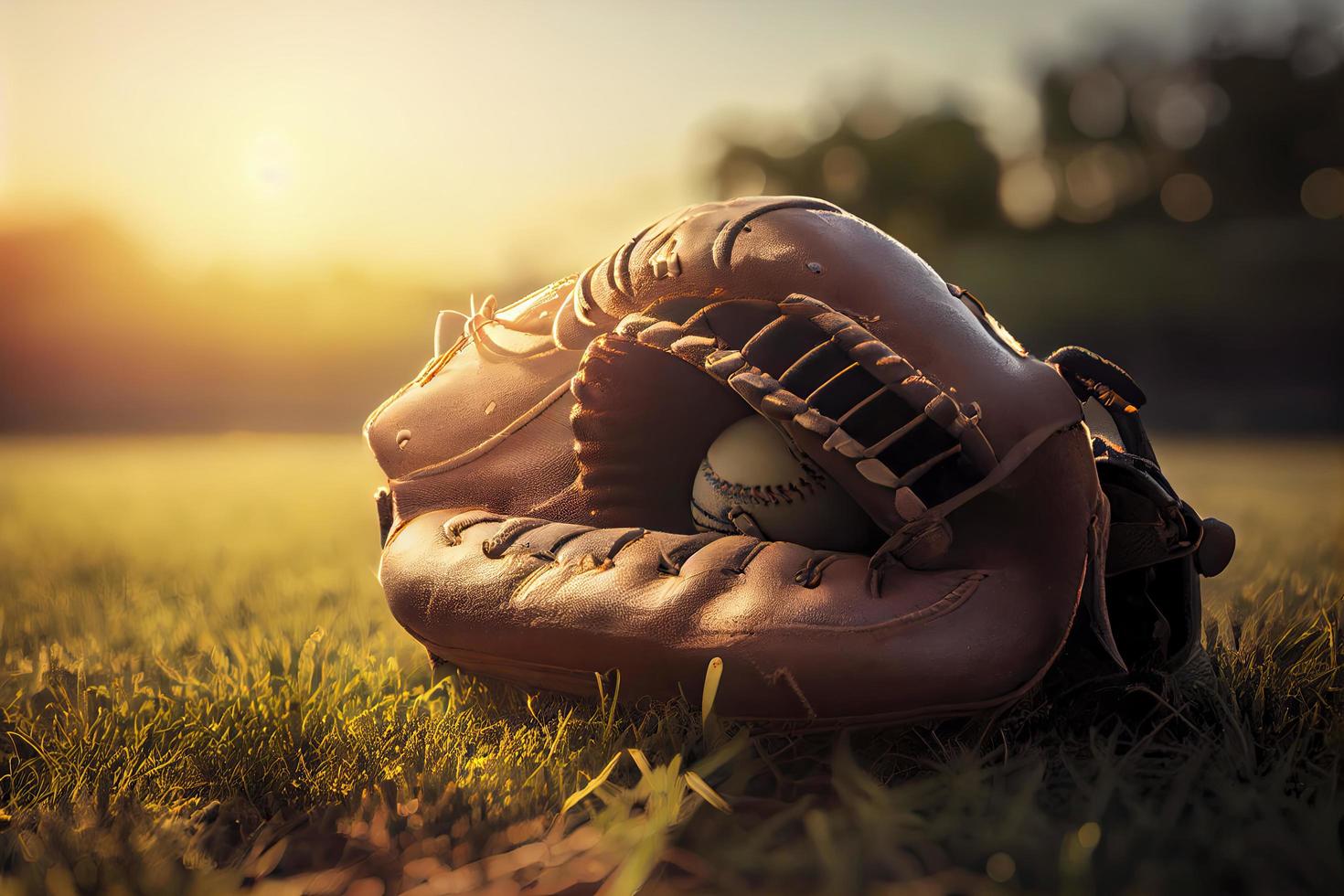 béisbol en guante en el césped a puesta de sol en el noche día con Dom rayo y lente llamarada ligero foto