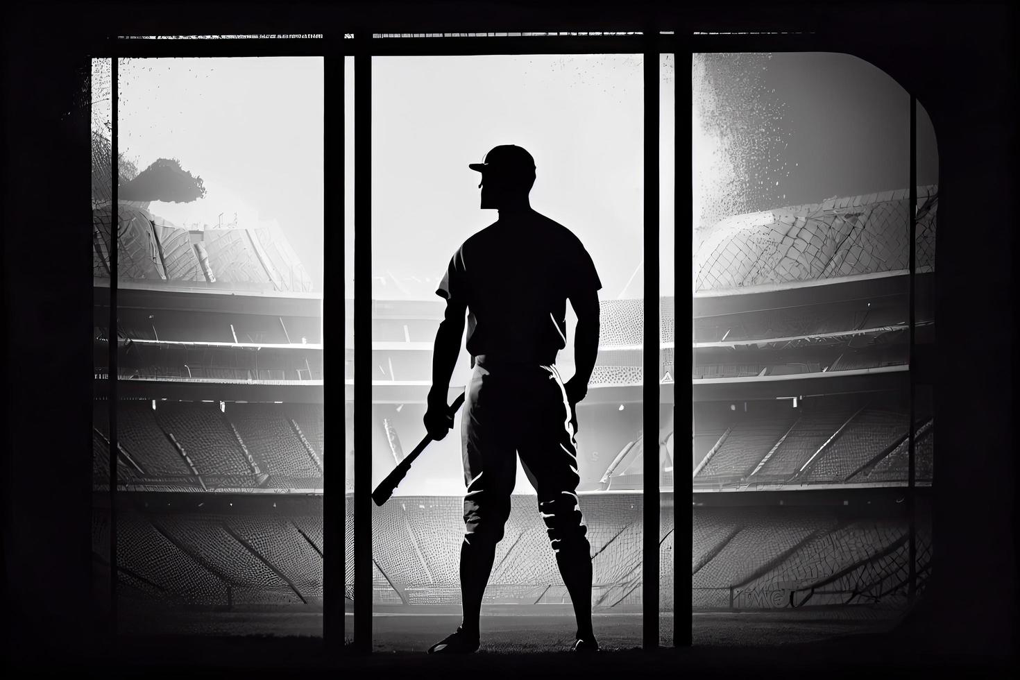 silueta, el imagen de un béisbol jugador con un murciélago en el antecedentes de el estadio foto