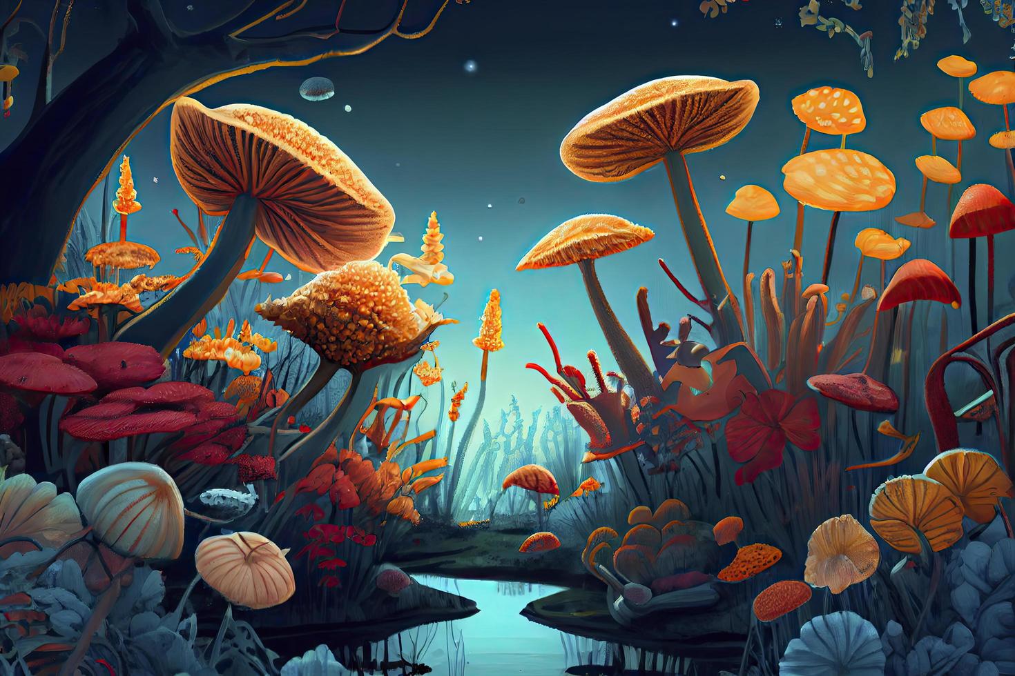 fantastic wonderland landscape with mushrooms, lilies flowers, morpho butterflies and moon photo