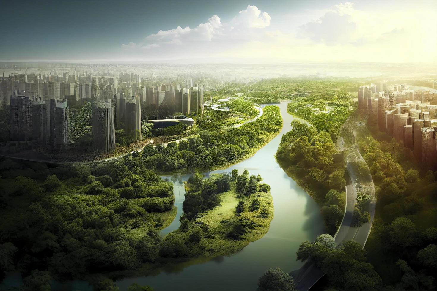 Futuristic city concept of ESG green buildings and offices filled with greenery, skyscrapers, parks and other green spaces photo