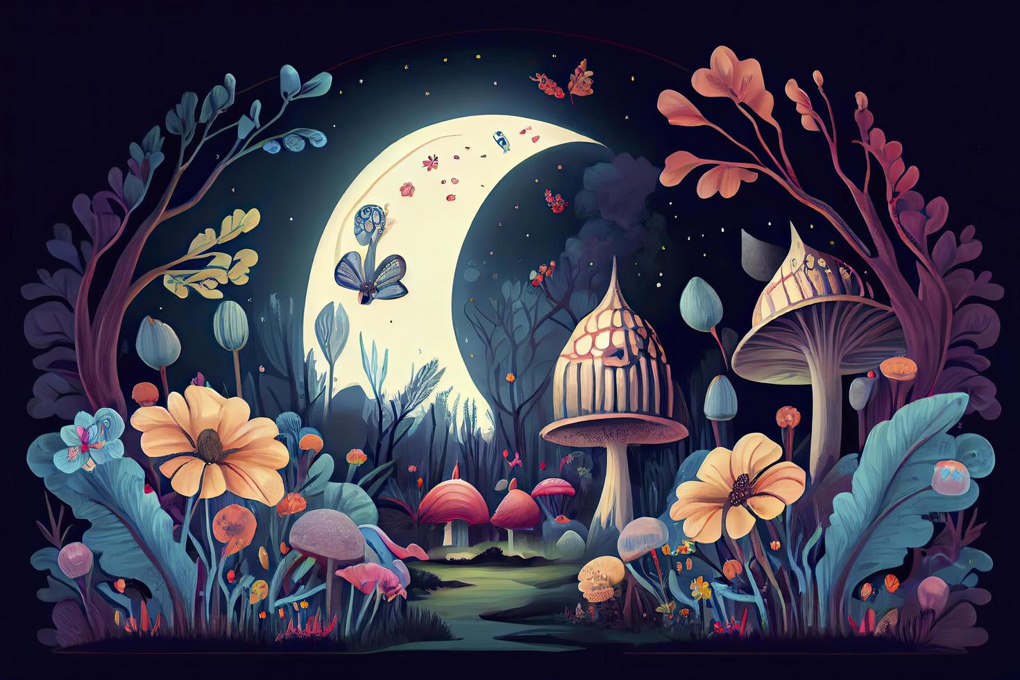 fantastic wonderland landscape with mushrooms, lilies flowers, morpho butterflies and moon photo