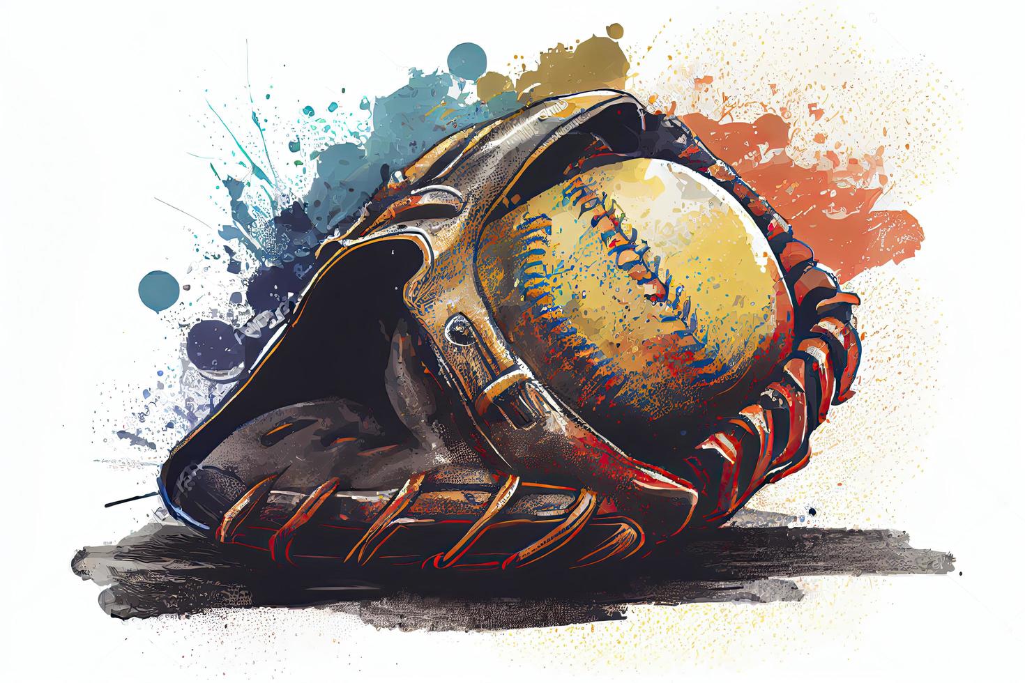 Baseball glove with ball from a splash of watercolor, hand drawn sketch photo