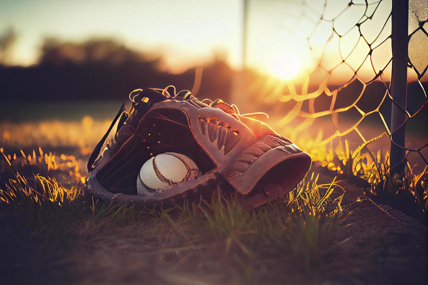 Baseball in glove in the lawn at sunset in the evening day with sun ray and lens flare light photo