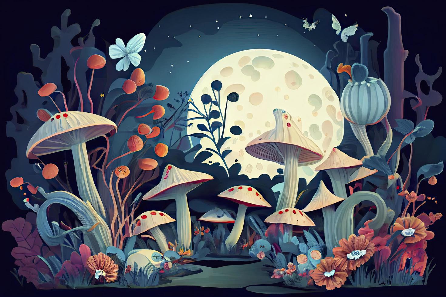 fantastic wonderland landscape with mushrooms, lilies flowers, morpho butterflies and moon photo