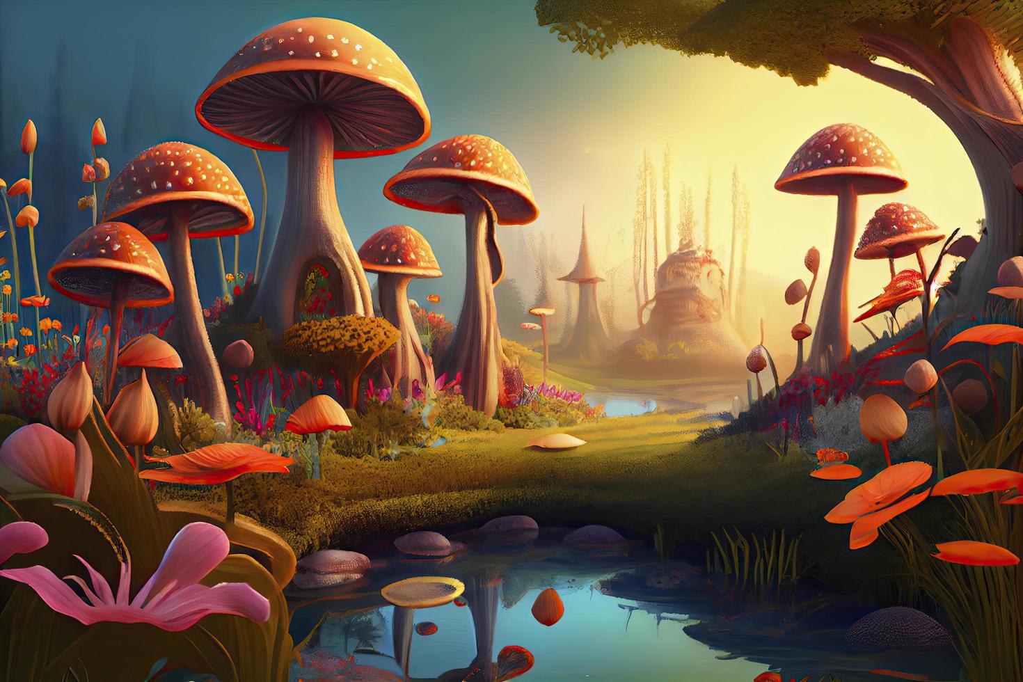 fantastic wonderland landscape with mushrooms, lilies flowers, morpho butterflies and moon photo