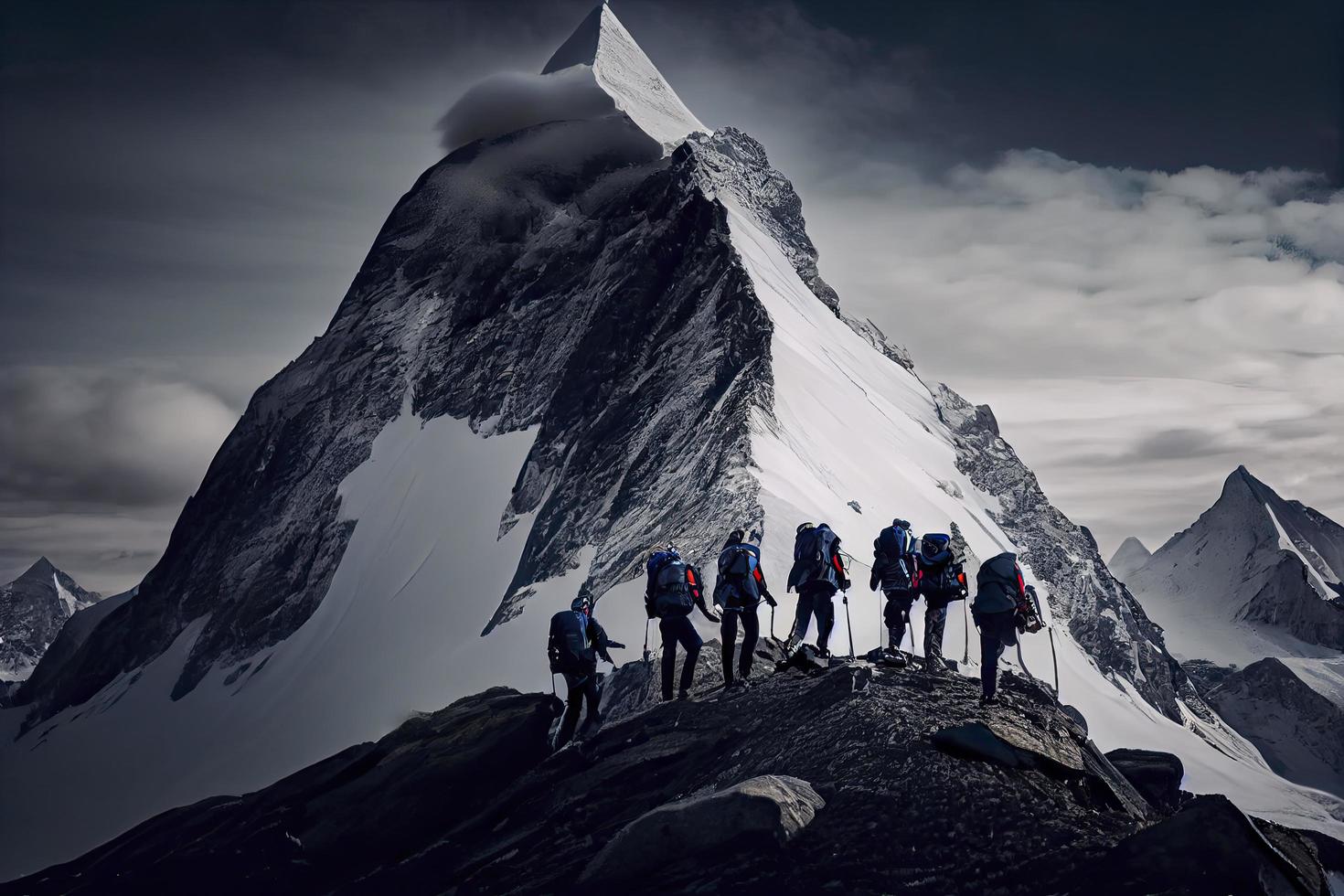 Group of mountaineers. Multiple high alpine climbers in front of a gigantic mountain photo