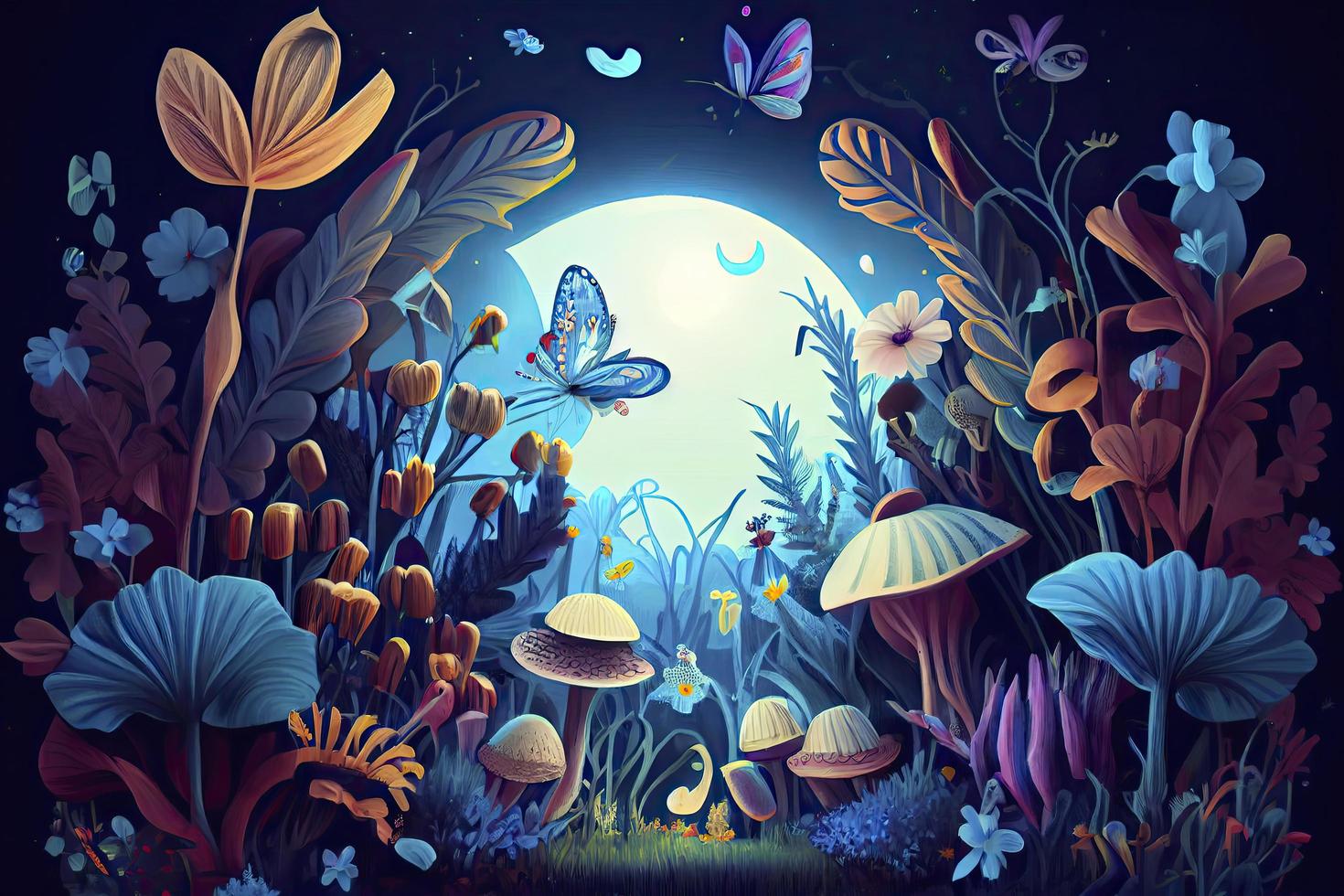 fantastic wonderland landscape with mushrooms, lilies flowers, morpho butterflies and moon photo