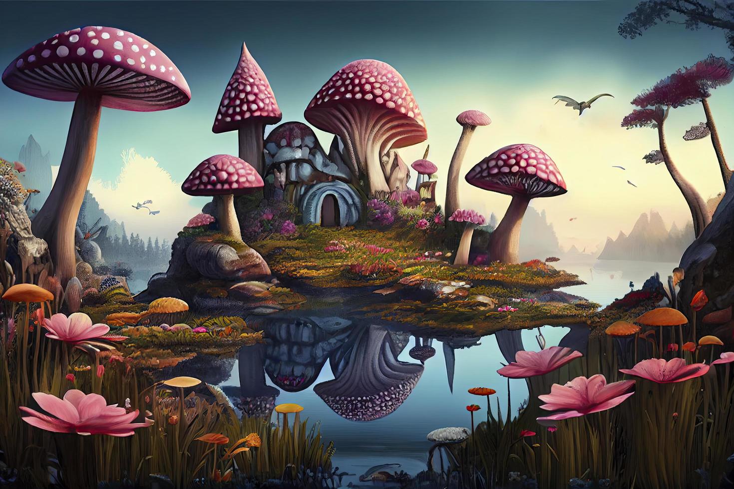 fantastic wonderland landscape with mushrooms, lilies flowers, morpho butterflies and moon photo