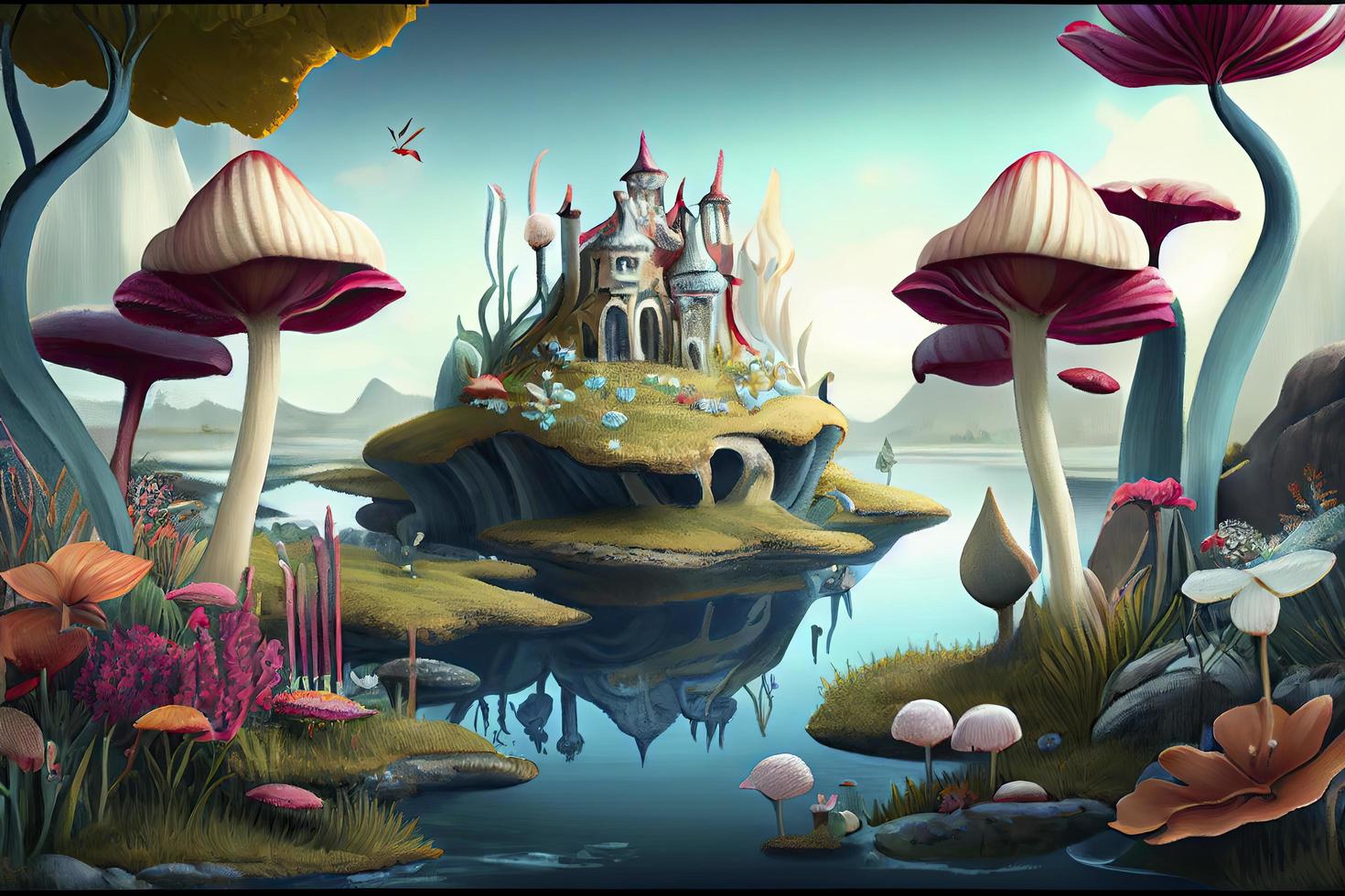 fantastic wonderland landscape with mushrooms, lilies flowers, morpho butterflies and moon photo