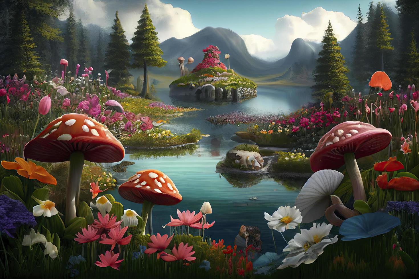 fantastic wonderland landscape with mushrooms, lilies flowers, morpho butterflies and moon photo