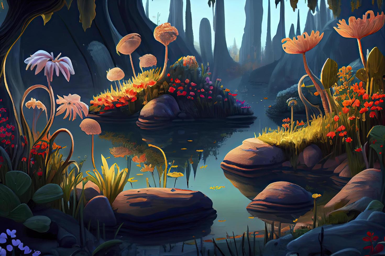 fantastic wonderland landscape with mushrooms, lilies flowers, morpho butterflies and moon photo
