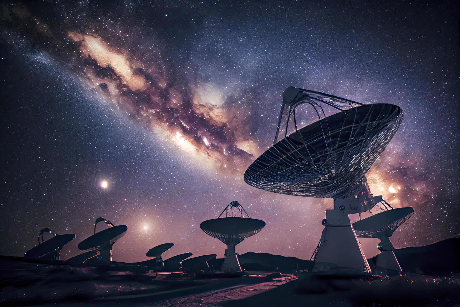 astronomía profundo espacio radio telescopio matrices a noche señalando dentro espacio foto