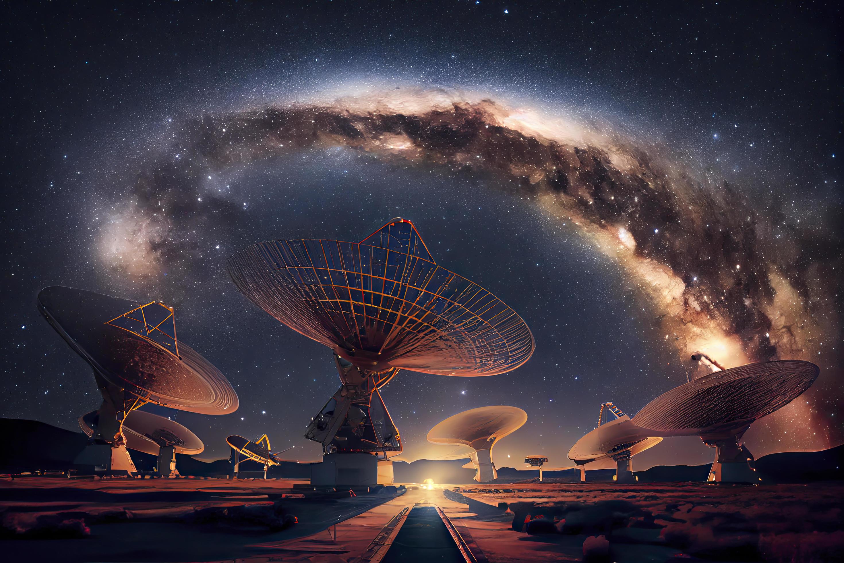 Astronomy deep space radio telescope arrays at night pointing into