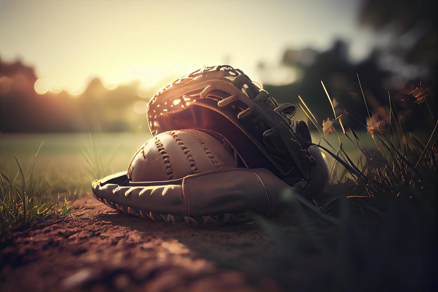 Baseball in glove in the lawn at sunset in the evening day with sun ray and lens flare light photo