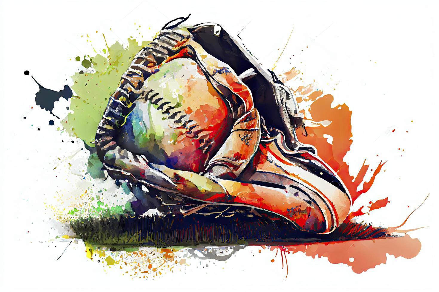 Baseball glove with ball from a splash of watercolor, hand drawn sketch photo