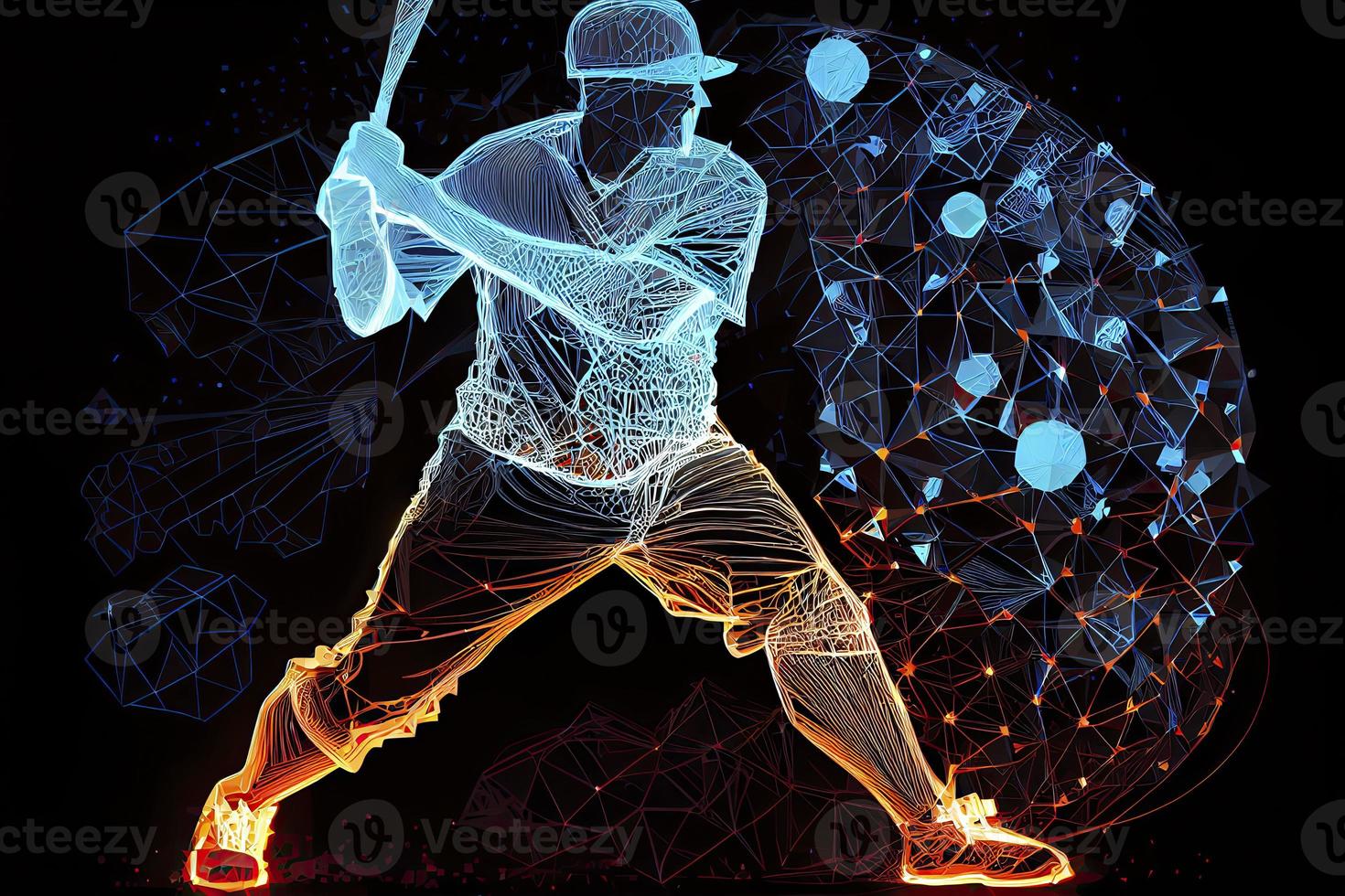 Abstract baseball player from particles, lines and triangles on blue background. All elements on a separate layers photo