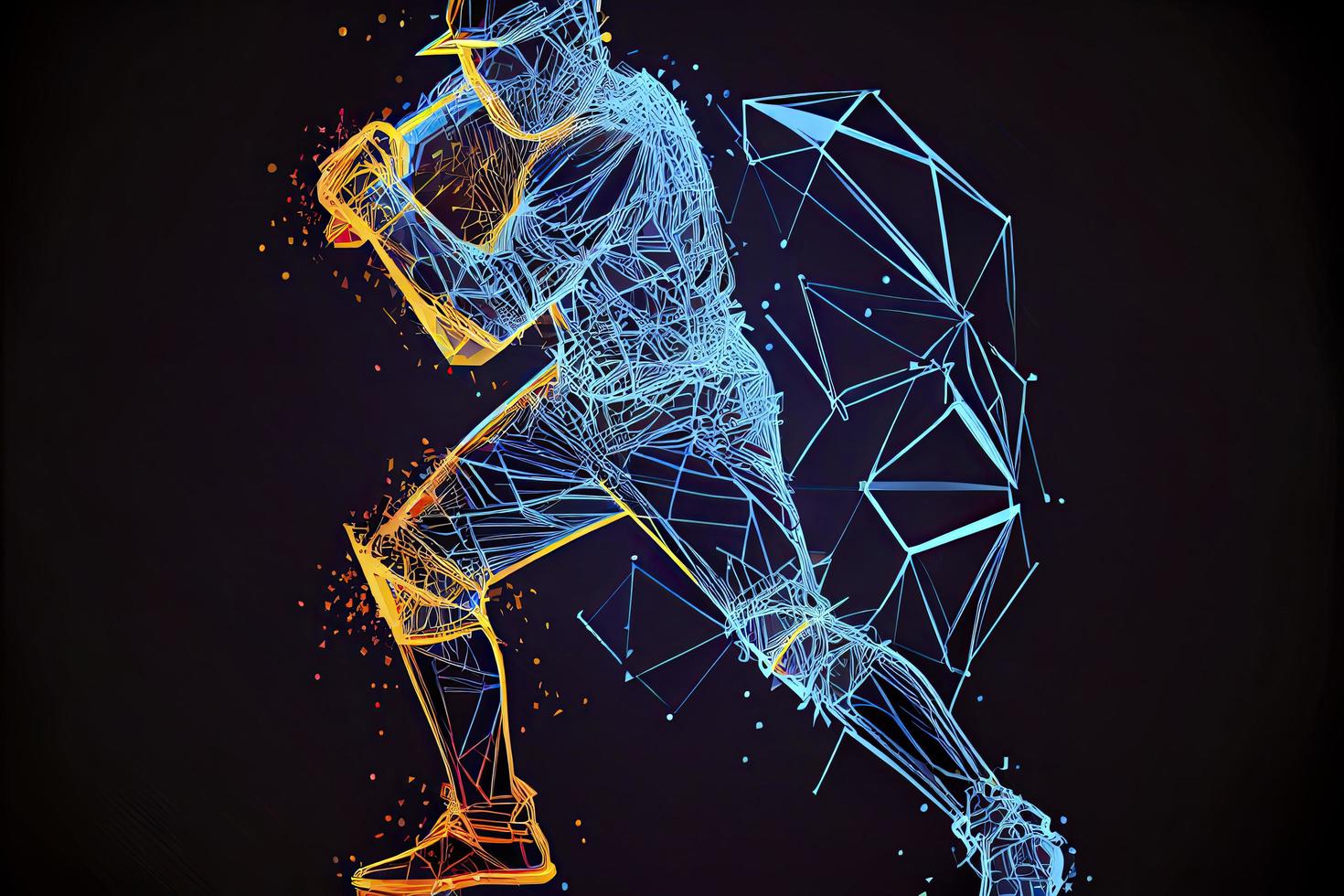 Abstract baseball player from particles, lines and triangles on blue background. All elements on a separate layers photo