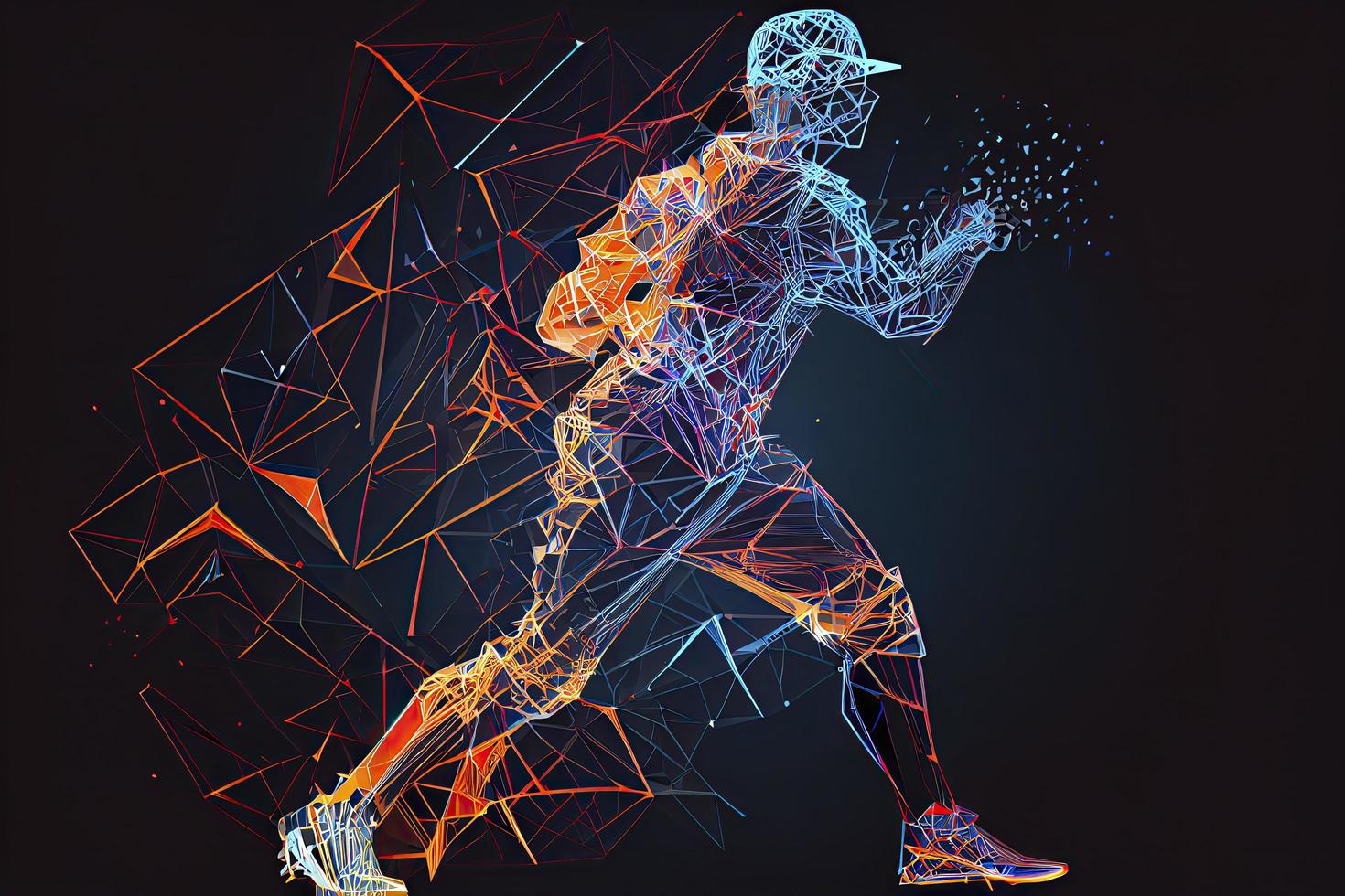 Abstract baseball player from particles, lines and triangles on blue background. All elements on a separate layers photo