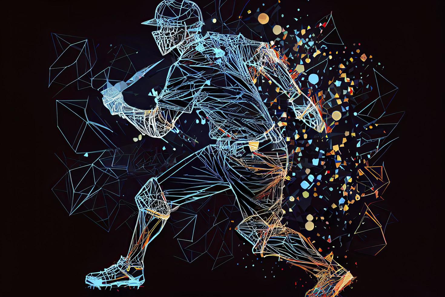 Abstract baseball player from particles, lines and triangles on blue background. All elements on a separate layers photo