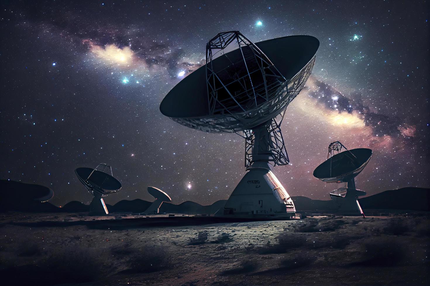 Astronomy deep space radio telescope arrays at night pointing into