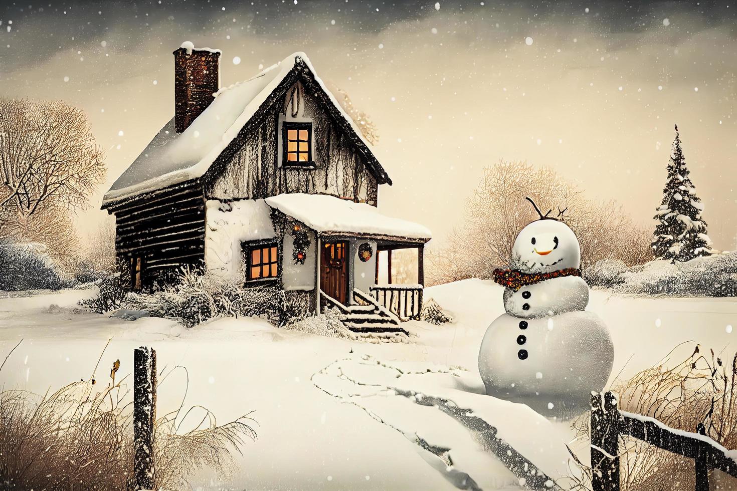 Snowy countryside day scene with wooden cottage and snowman at front photo